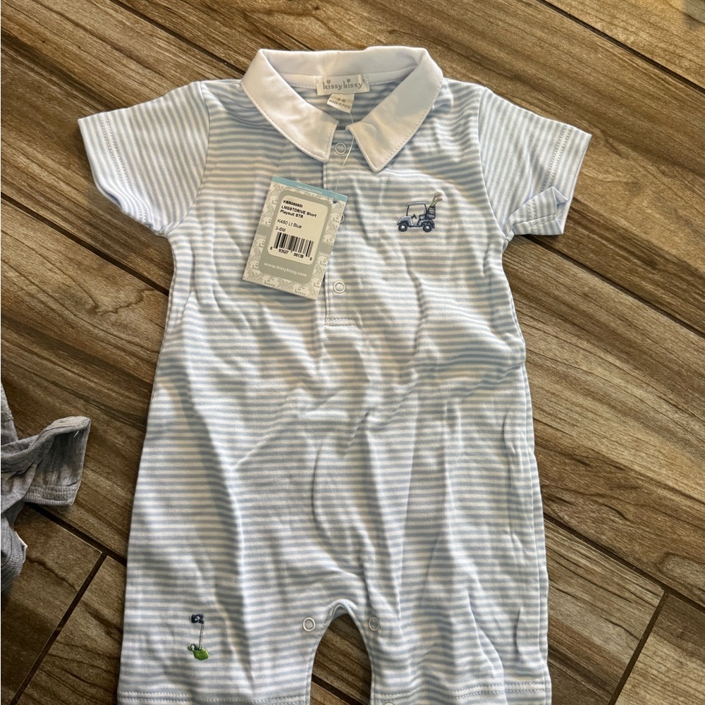Kissy Kissy Light Blue & White Striped Polo Romper with Golf Cart Embroidery
